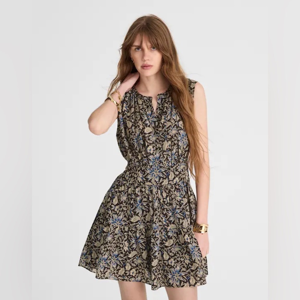 Madewell Amor Floral Mini Dress Size M NWT Cotton Sleeveless Blue Tan